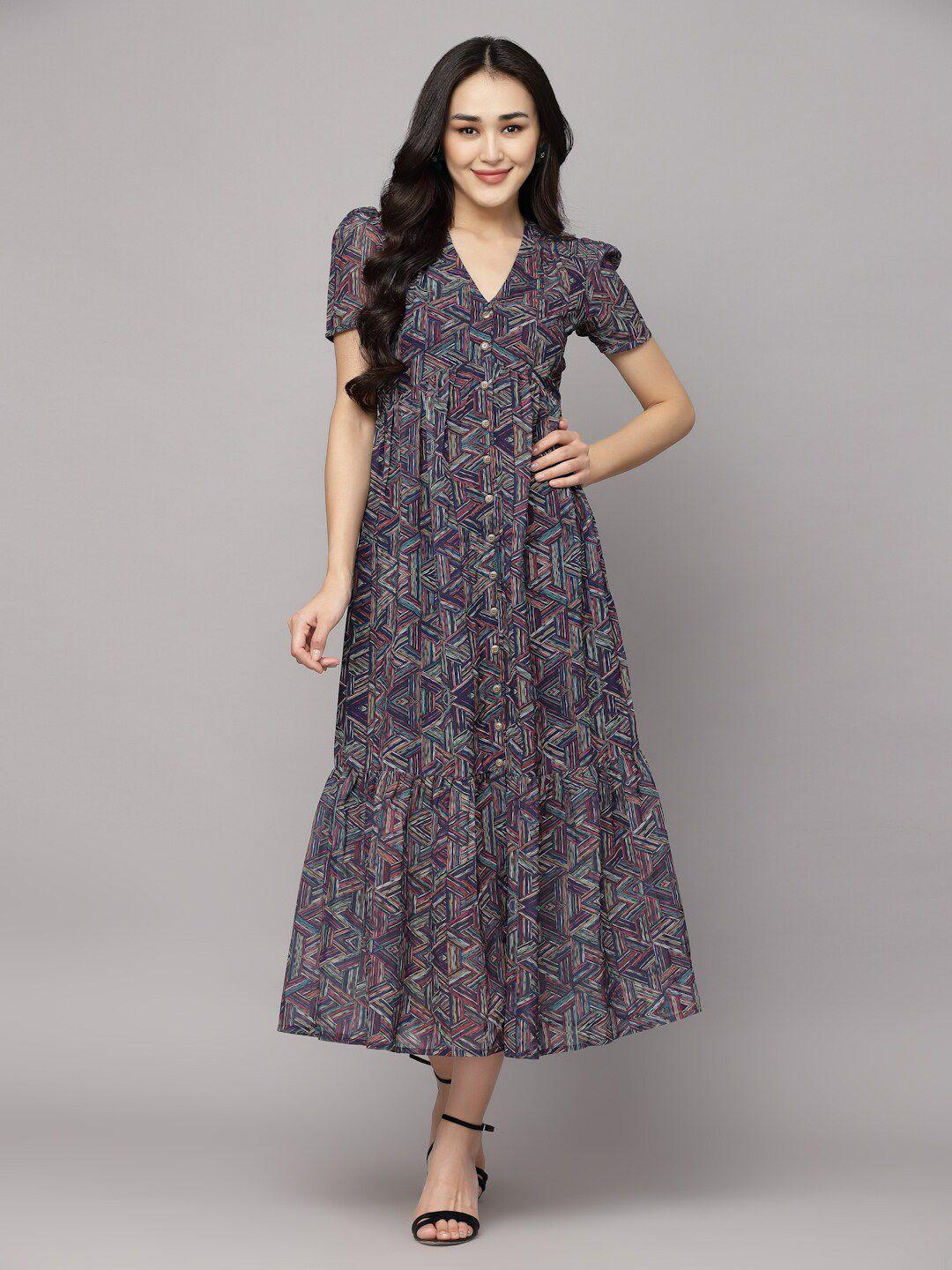 aayu geometric printed v-neck puff sleeve tiered georgette a-line midi dress