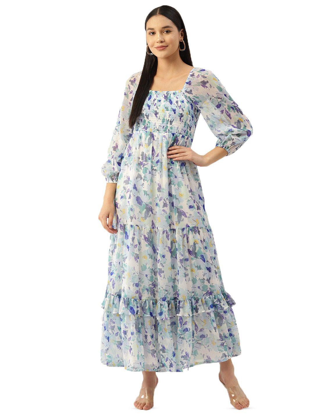 dressberry white & blue floral printed puff sleeves georgette fit & flare dress