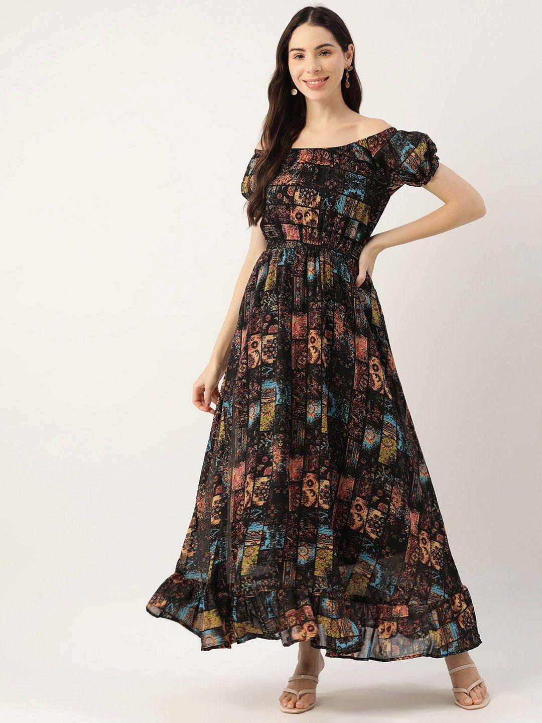 dressberry black floral printed off-shoulder puff sleeve gathered georgette maxi dress