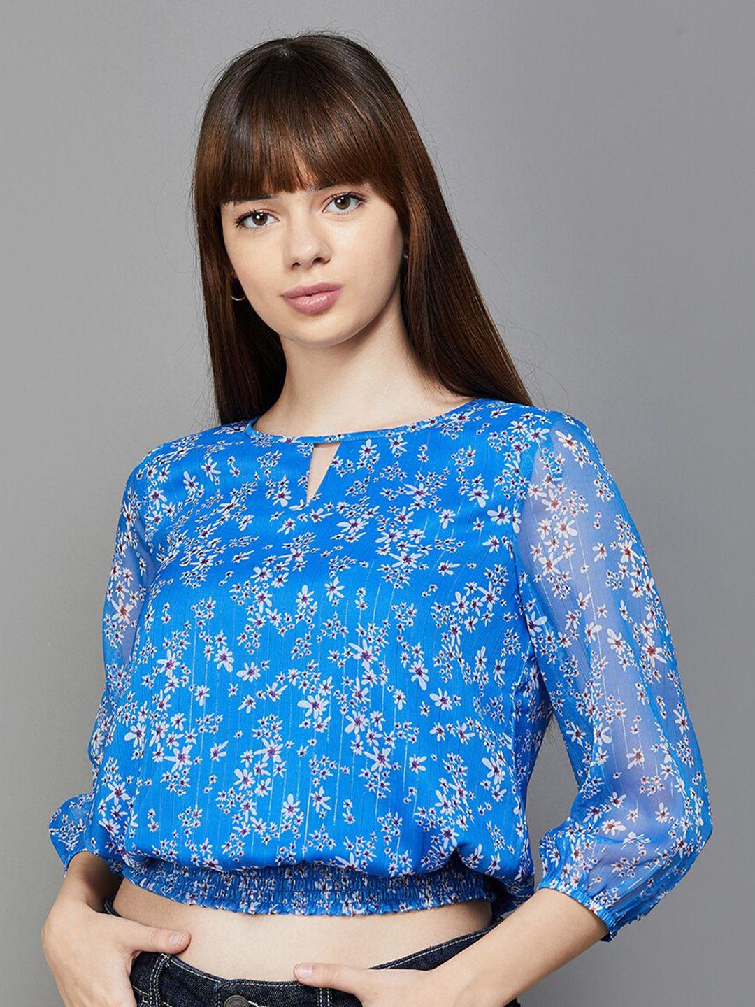 fame forever by lifestyle floral printed keyhole neck puff sleeve blouson top