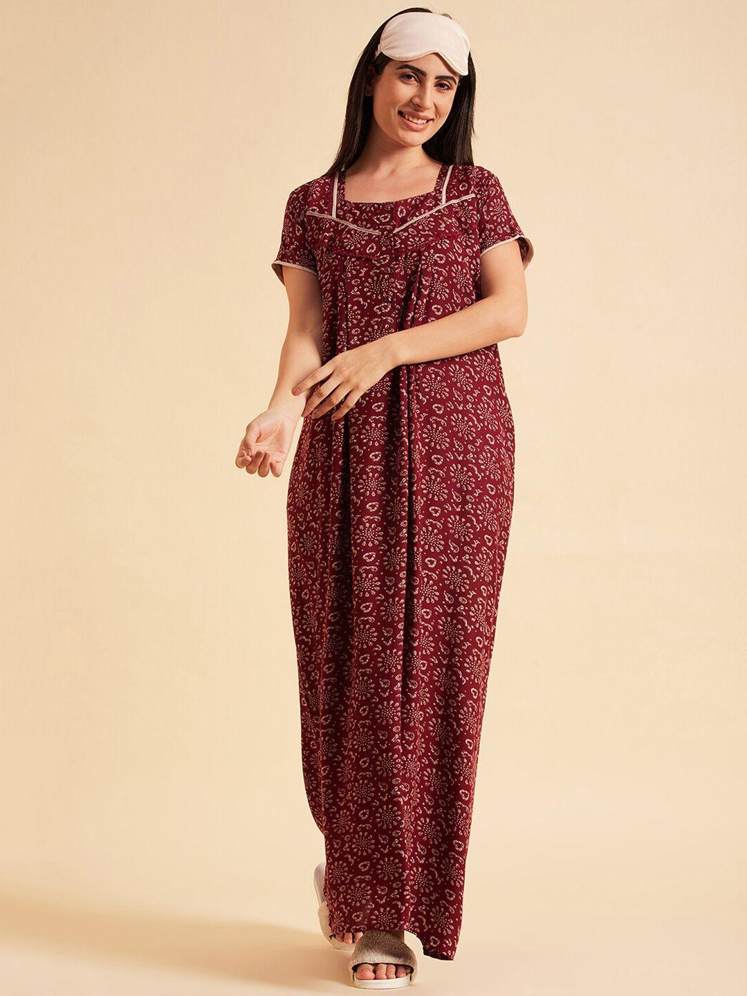 sweet dreams maroon floral printed pure cotton maxi nightdress