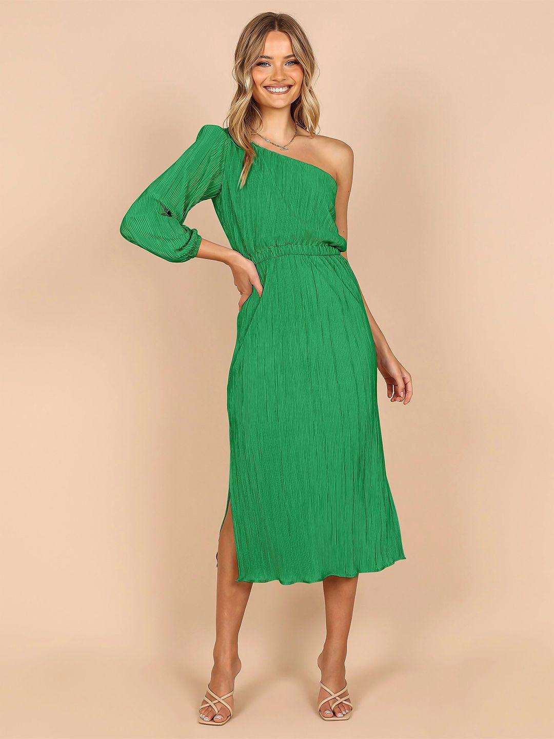 stylecast green one shoulder puff sleeve sheath dress