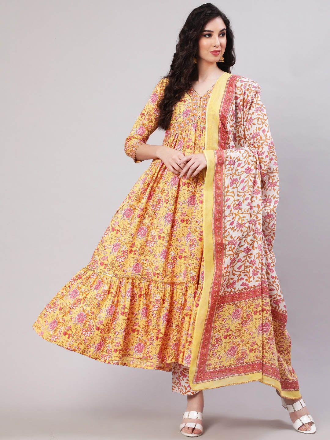 glam roots floral printed pure cotton anarkali kurta with trousers & with dupatta