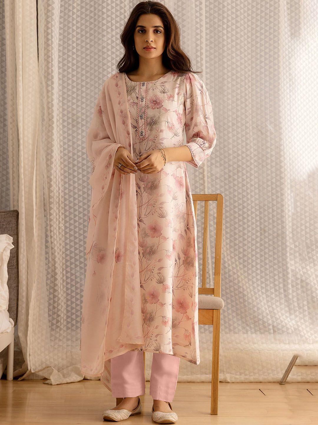 ishin floral printed beads & stones linen a-line kurta with trouser & dupatta