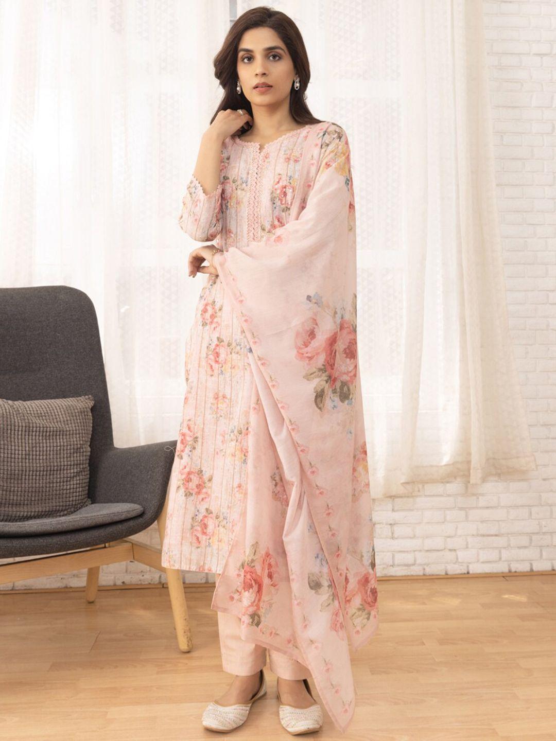 ishin floral printed regular sequinned linen kurta with trousers & dupatta