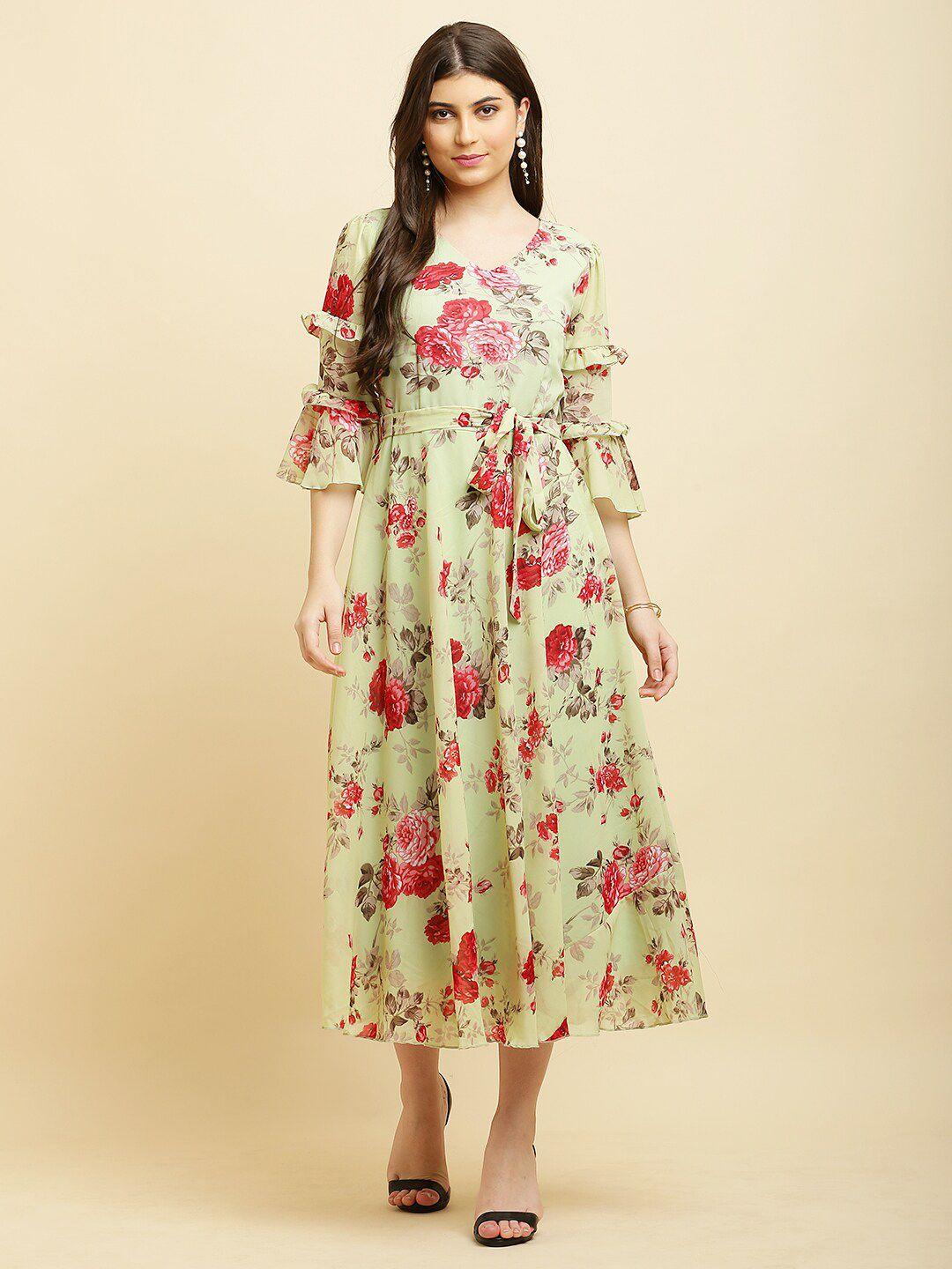 hello design floral printed bell sleeves georgette tie-up fit & flare midi dress