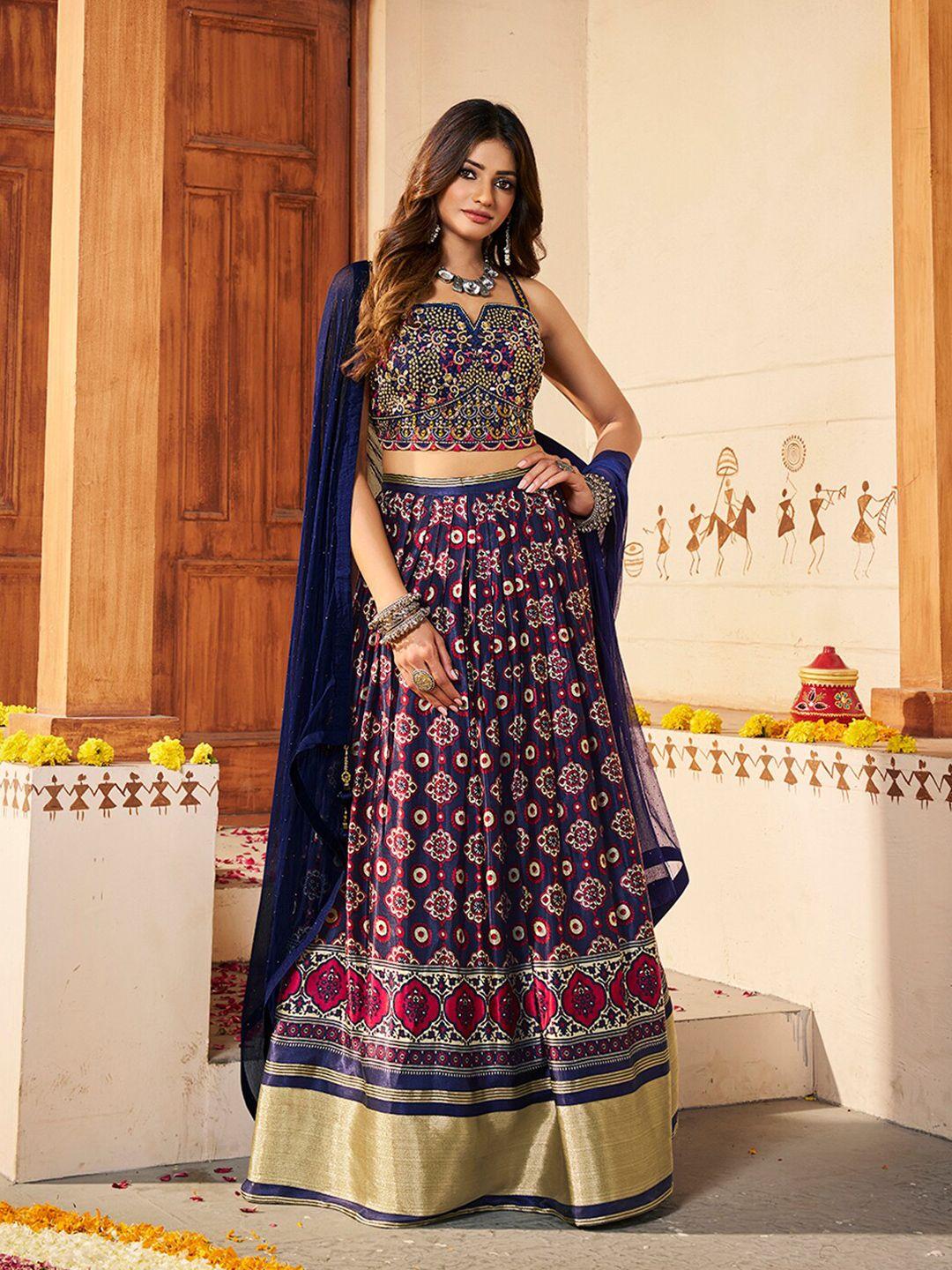 fusionic embroidered mirror work ready to wear silk lehenga choli with dupatta