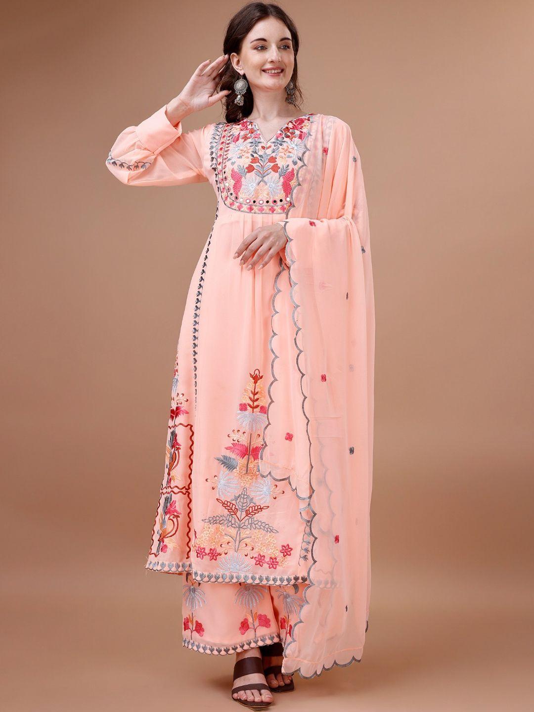 worivoc ethnic motifs embroidered regular straight kurta & palazzos with dupatta