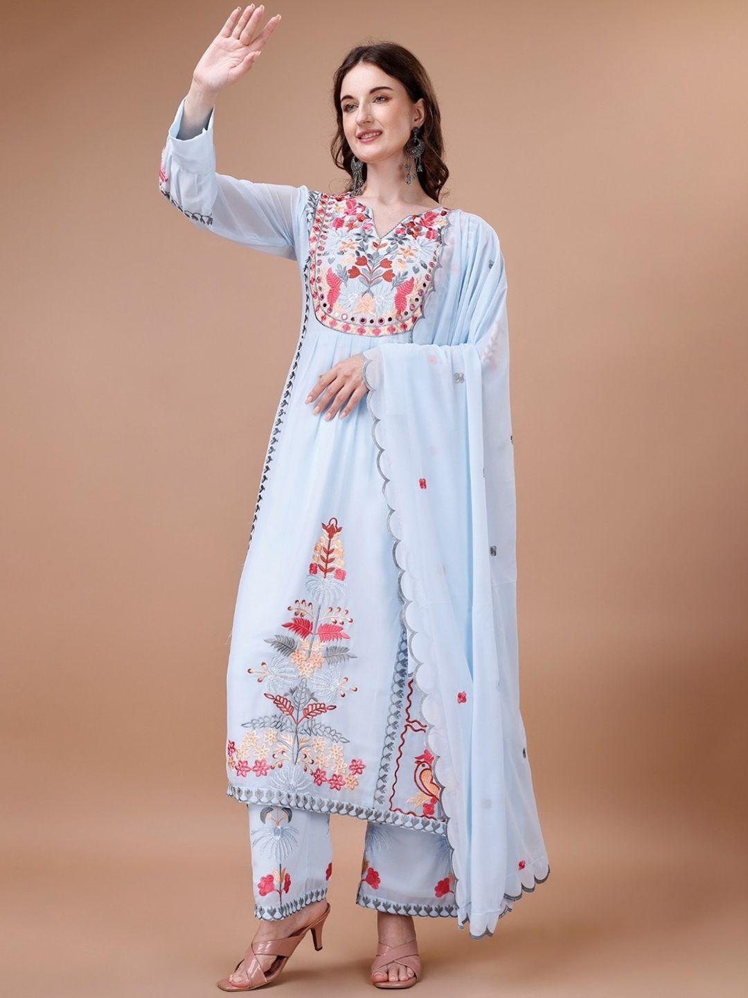 worivoc floral embroidered regular mirror work kurta with palazzos & with dupatta