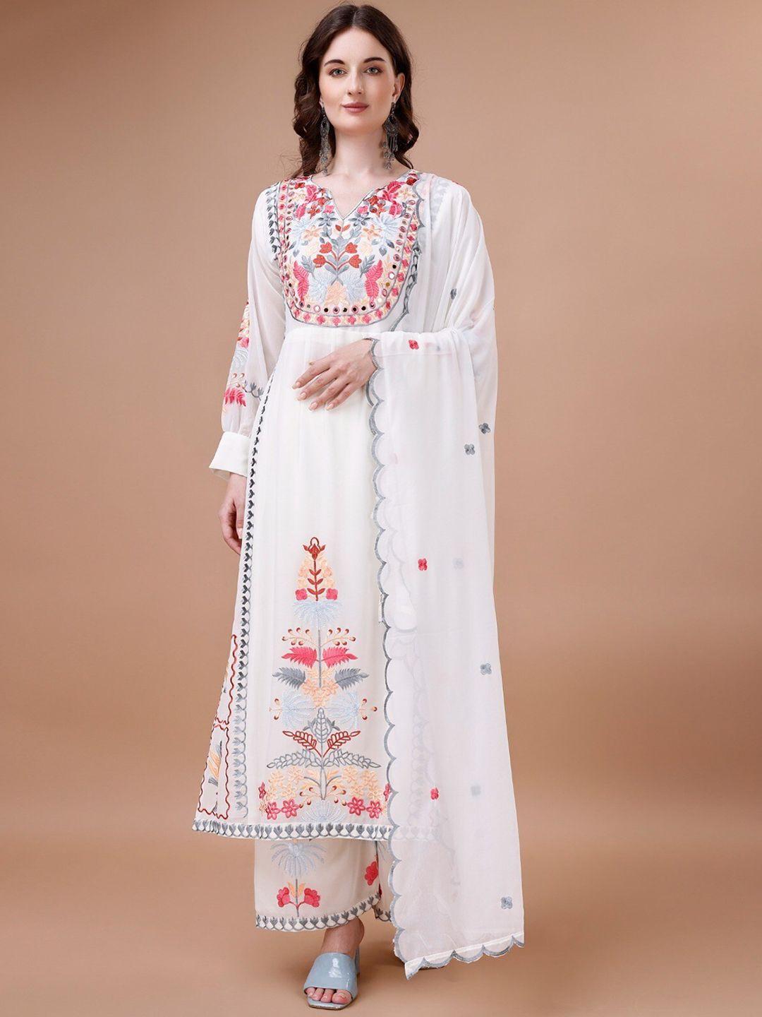 worivoc floral embroidered regular mirror work kurta with palazzos & dupatta