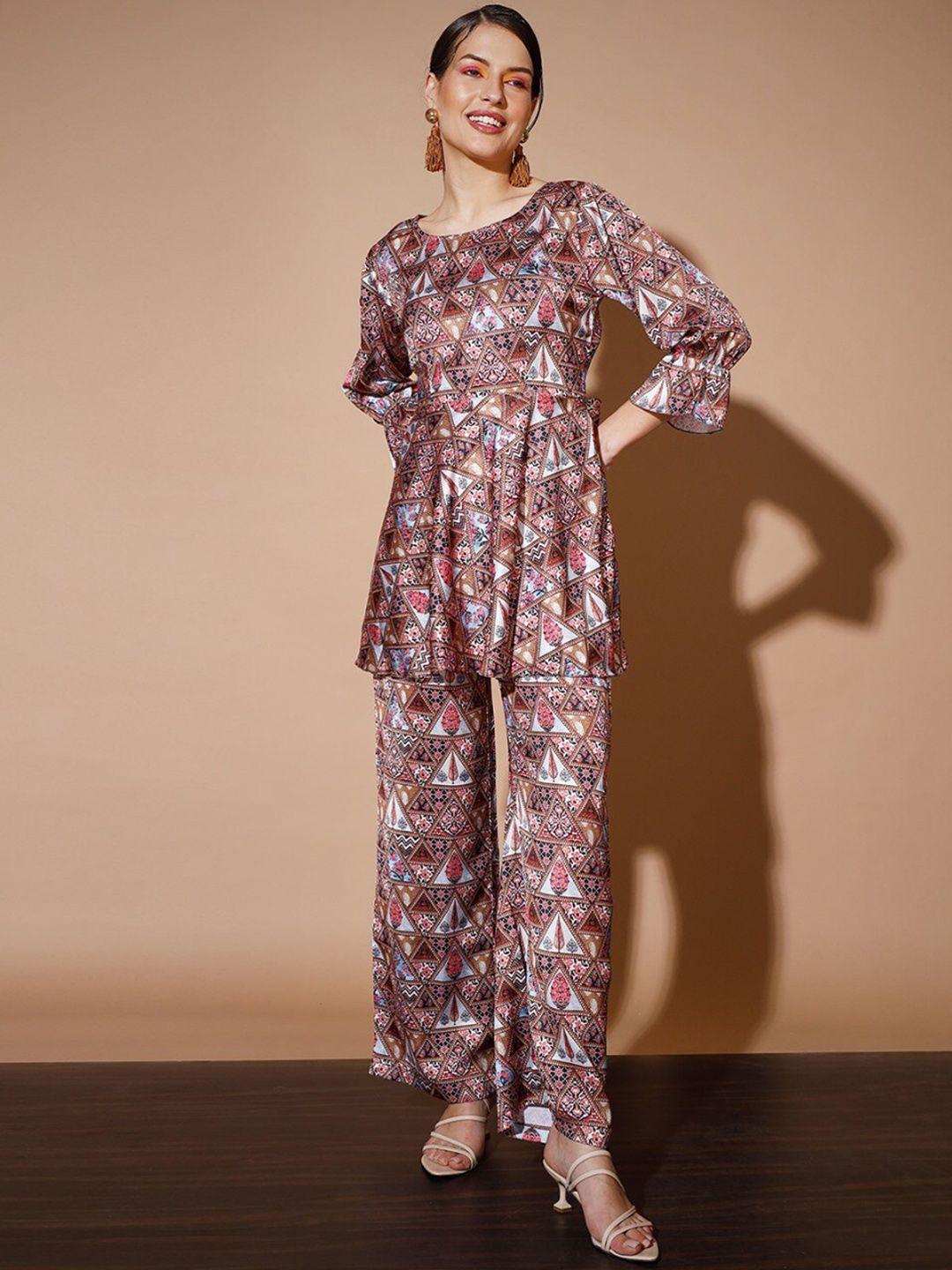 sangria purple ethnic motif printed top & trousers