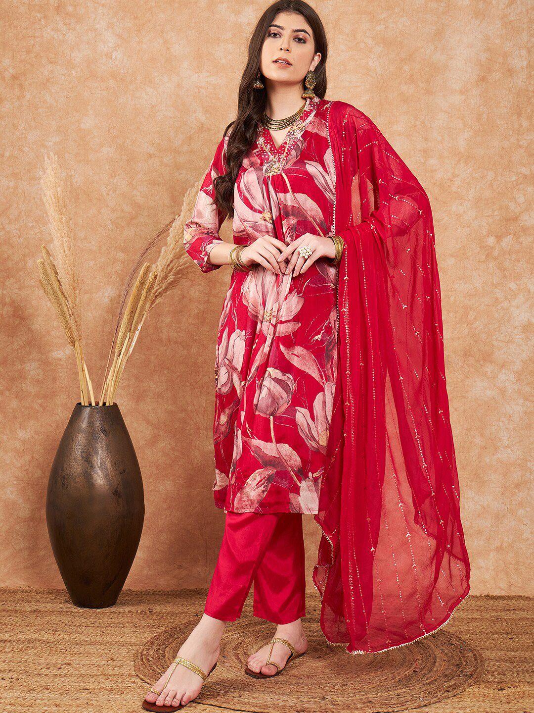 sangria printed & embroidered a-line kurta with trouser & dupatta set