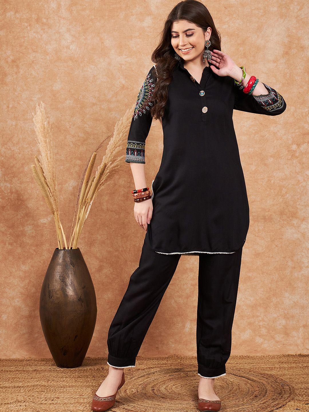 sangria black ethnic motifs embroidered pathani kurta with salwar