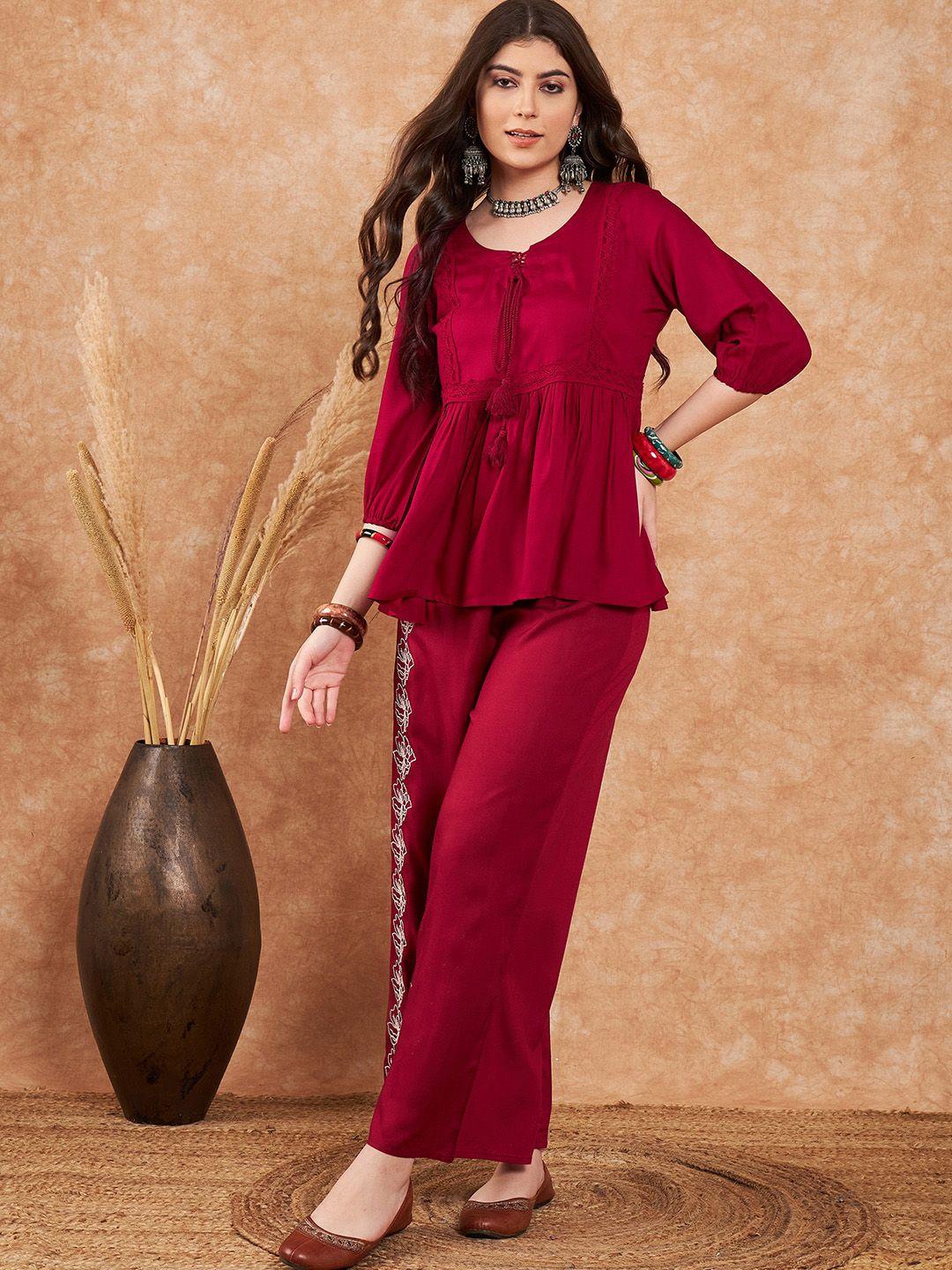 sangria embroidered top with palazzo co-ords