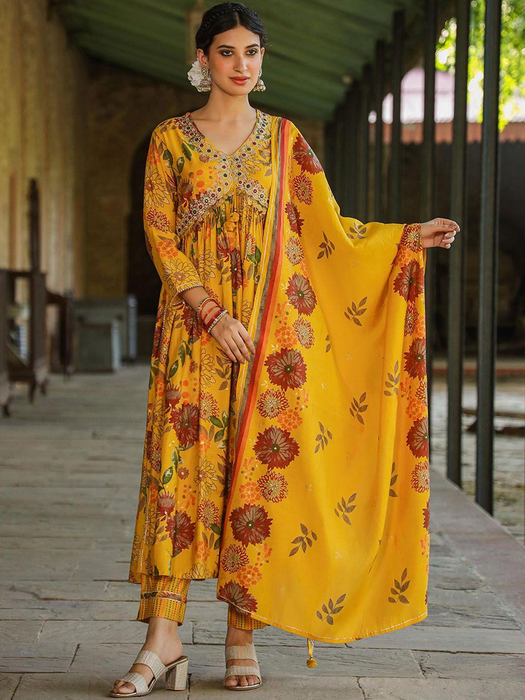 scakhi floral printed empire thread work kurta with trousers & dupatta