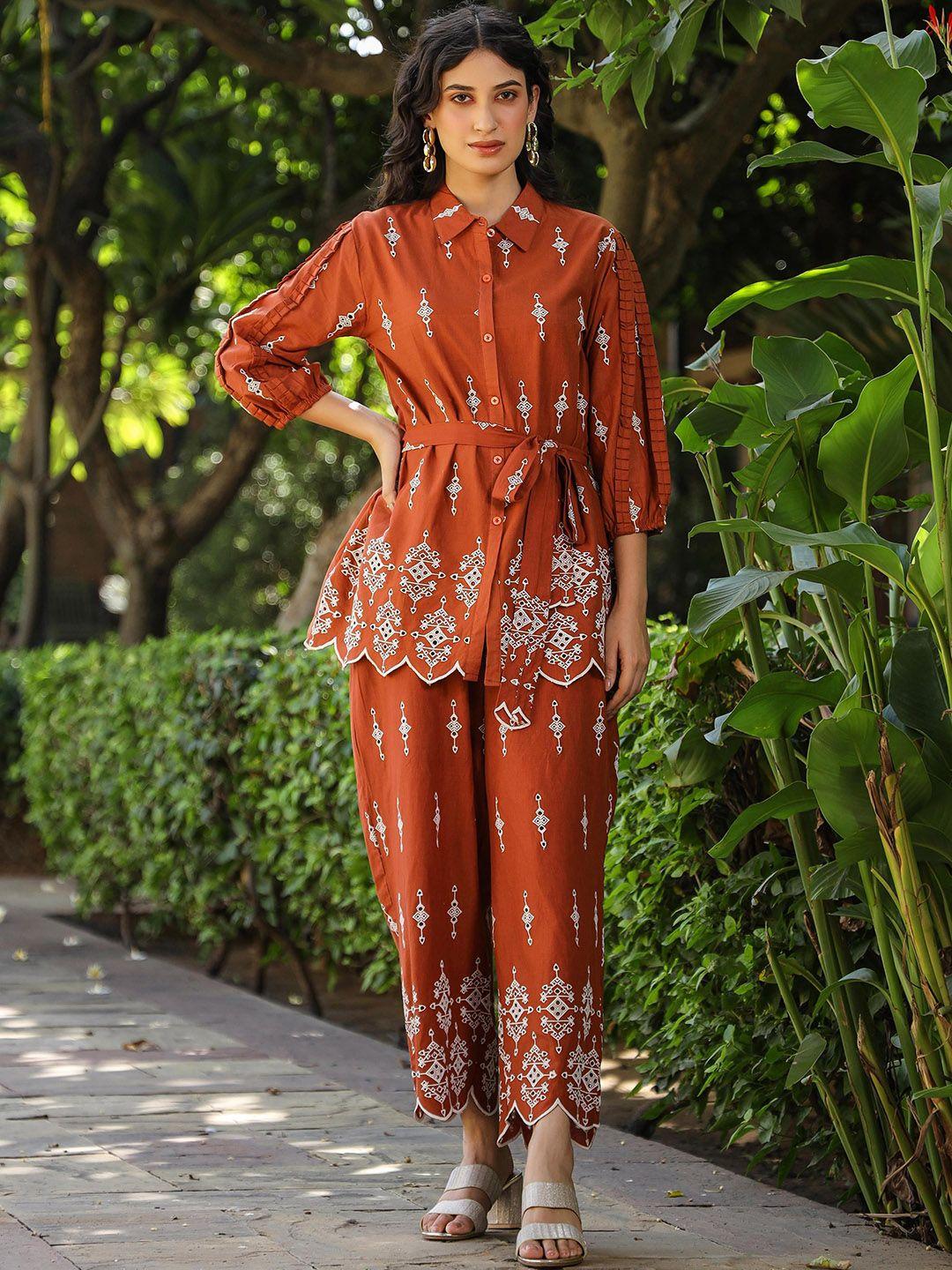 scakhi ethnic motifs printed pure cotton tunic with palazzos co-ords