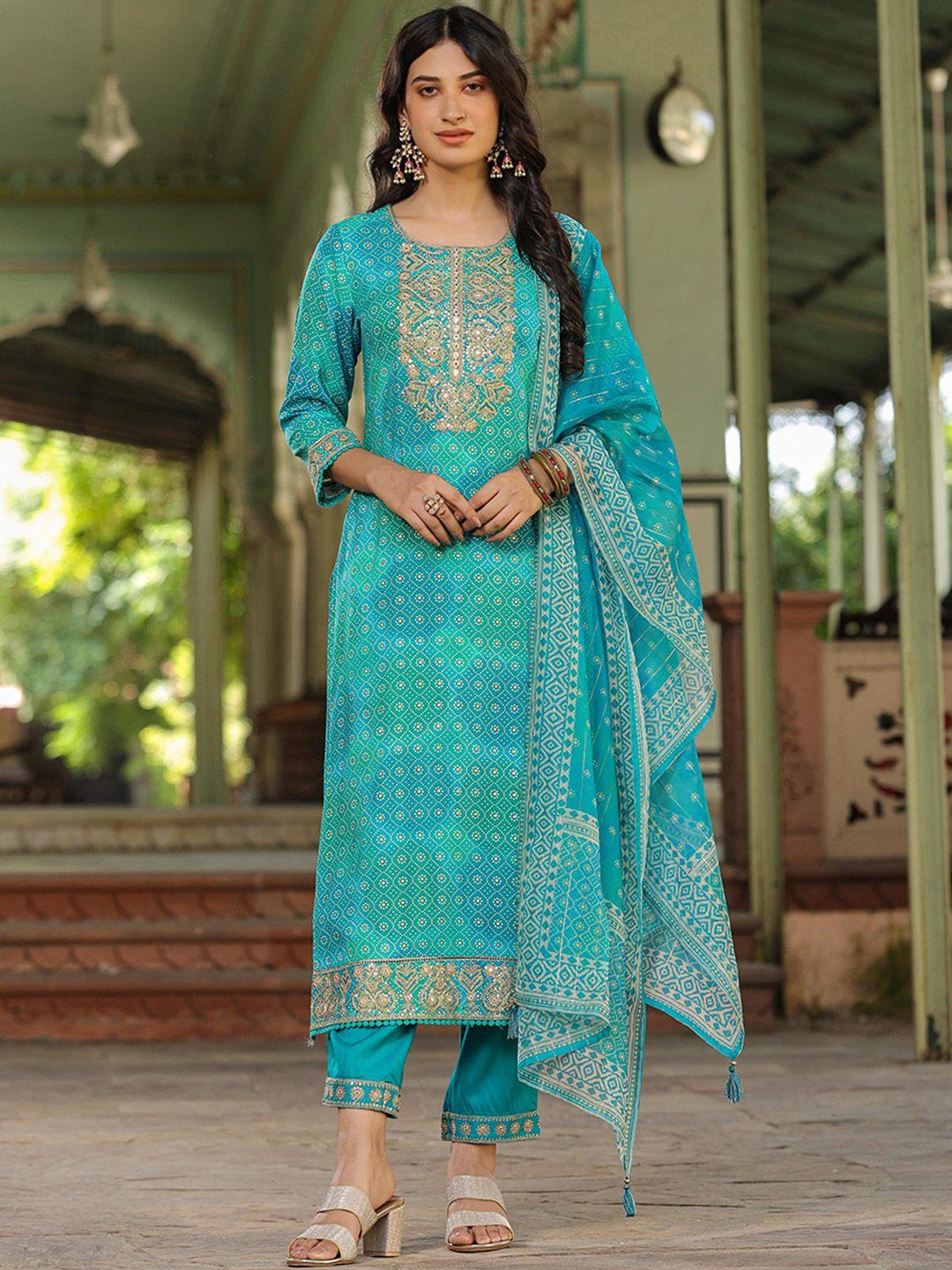 scakhi bandhani printed regular thread work kurta with palazzos & dupatta