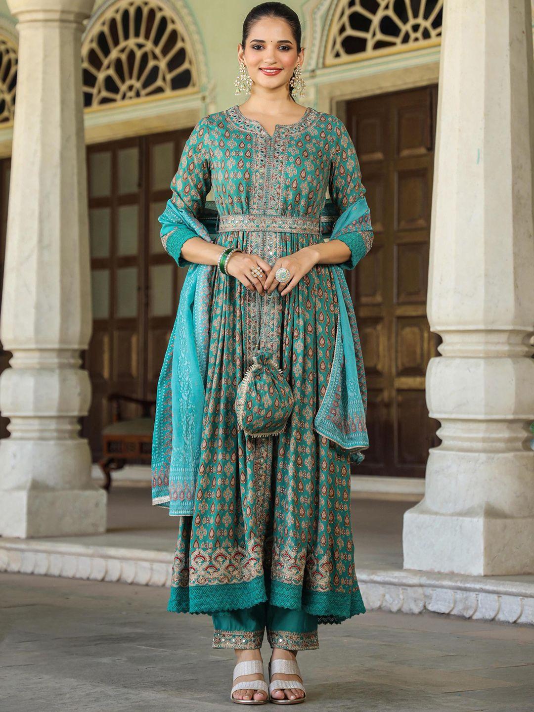 scakhi ethnic motifs printed high slit mirror work anarkali kurta with trousers & dupatta