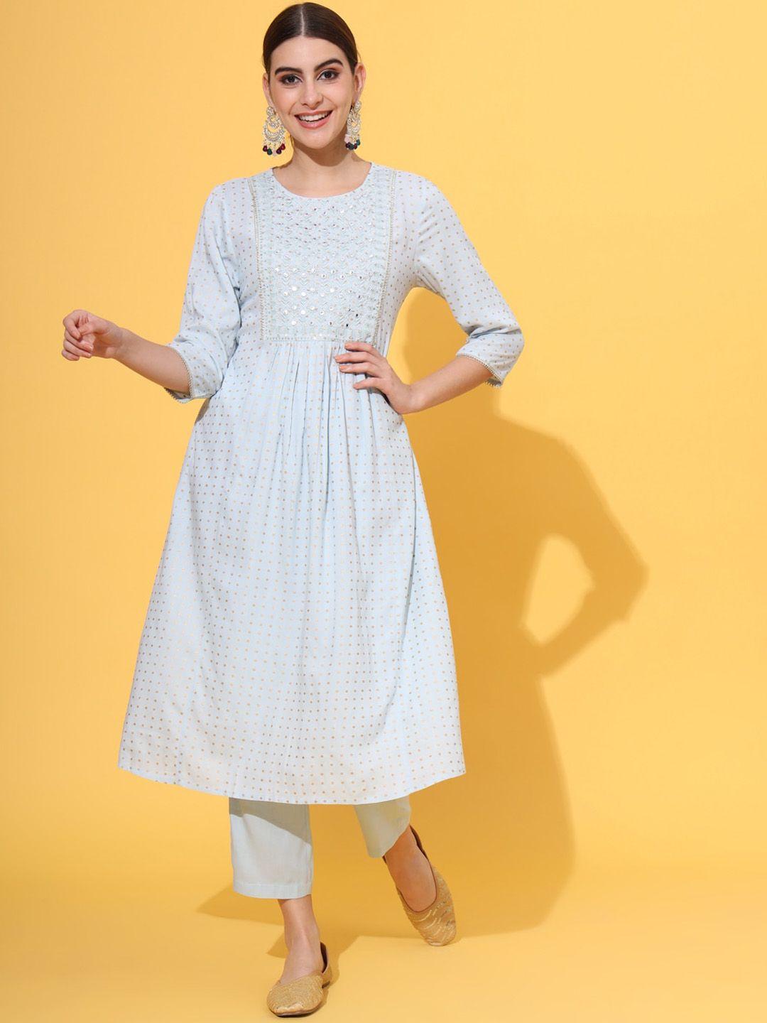 sutidora geometric printed empire mirror work a-line kurta with trousers