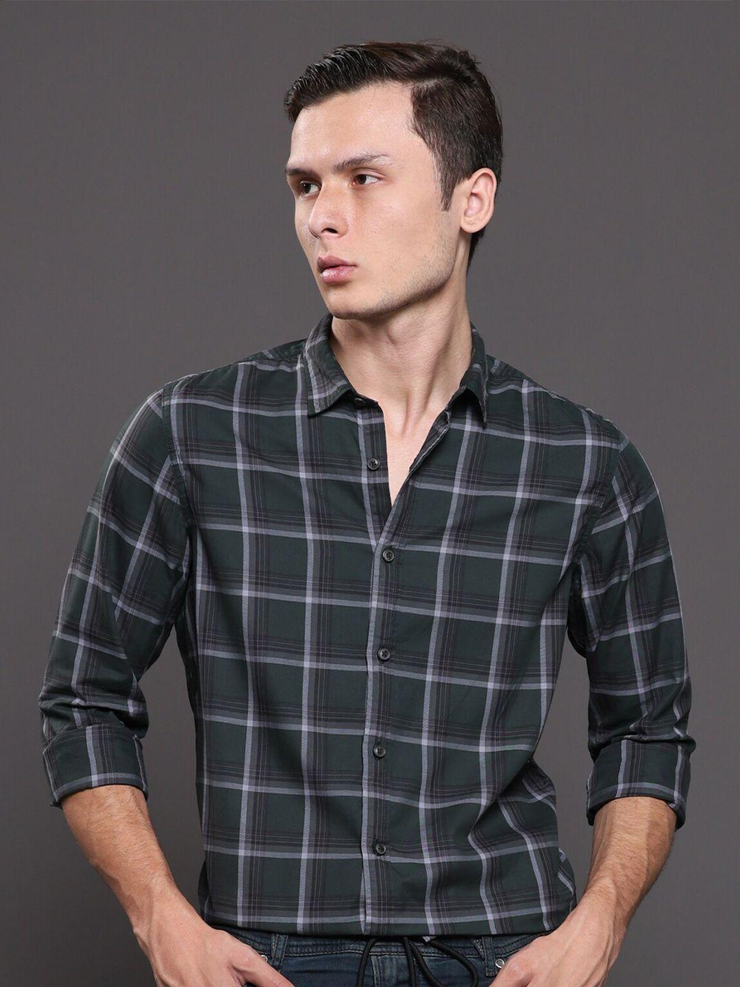 poe smart slim fit windowpane checks cotton casual shirt