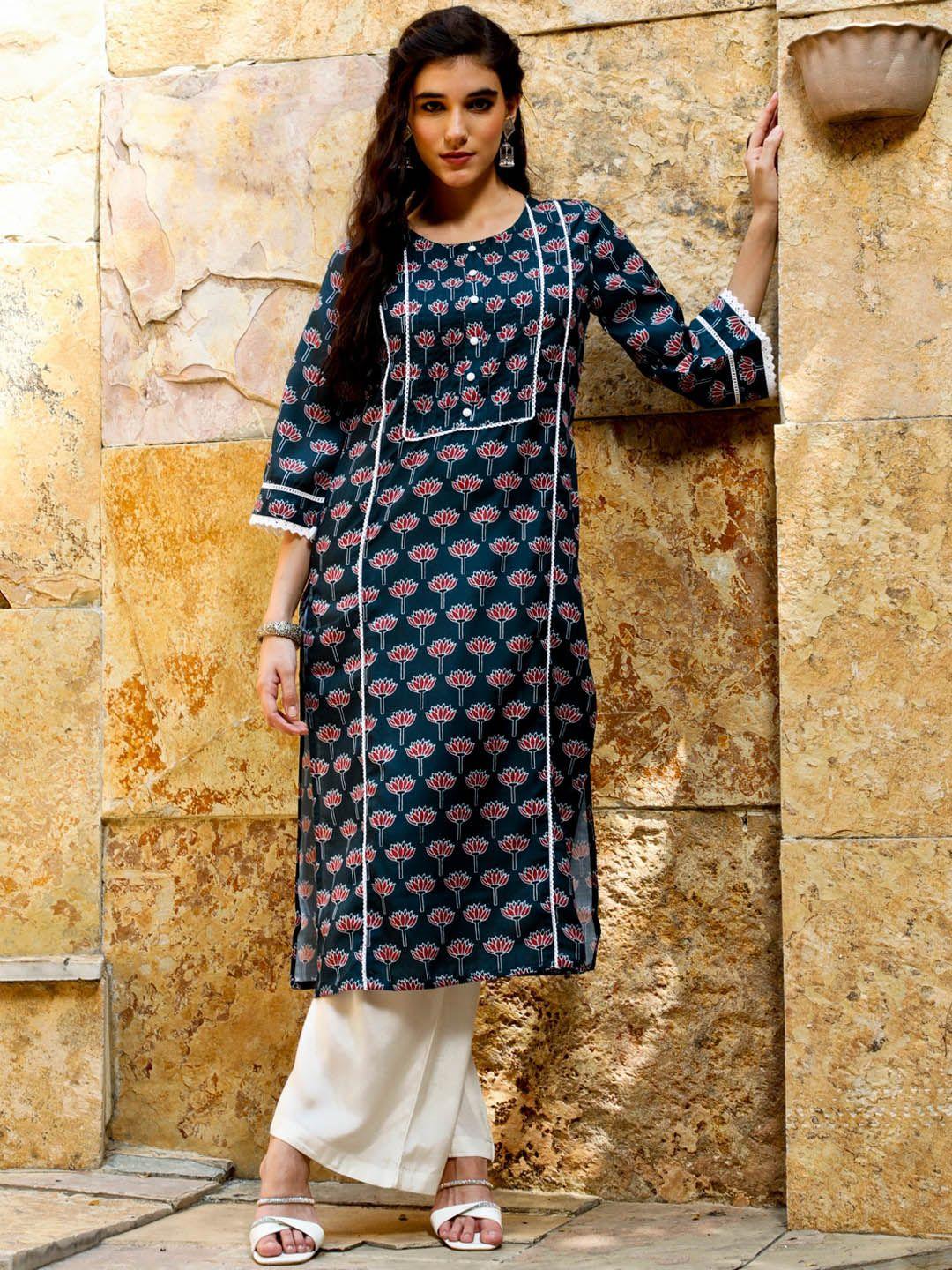 jaipur kurti floral printed gotta patti straight kurta