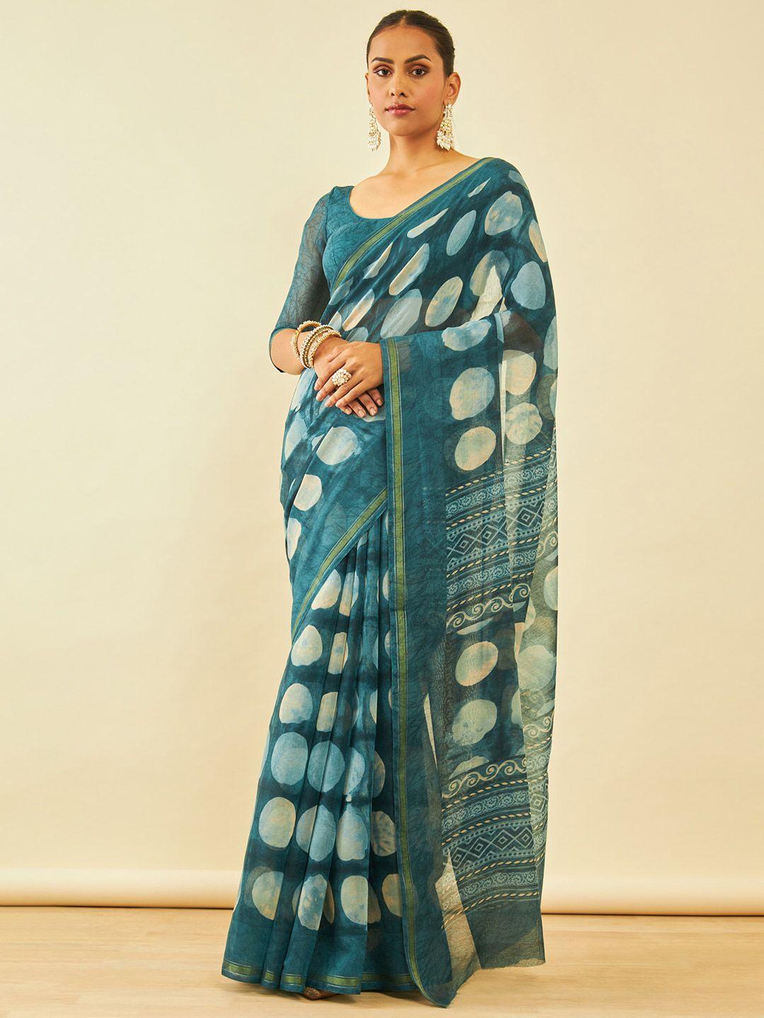 soch geometric printed zari chanderi saree