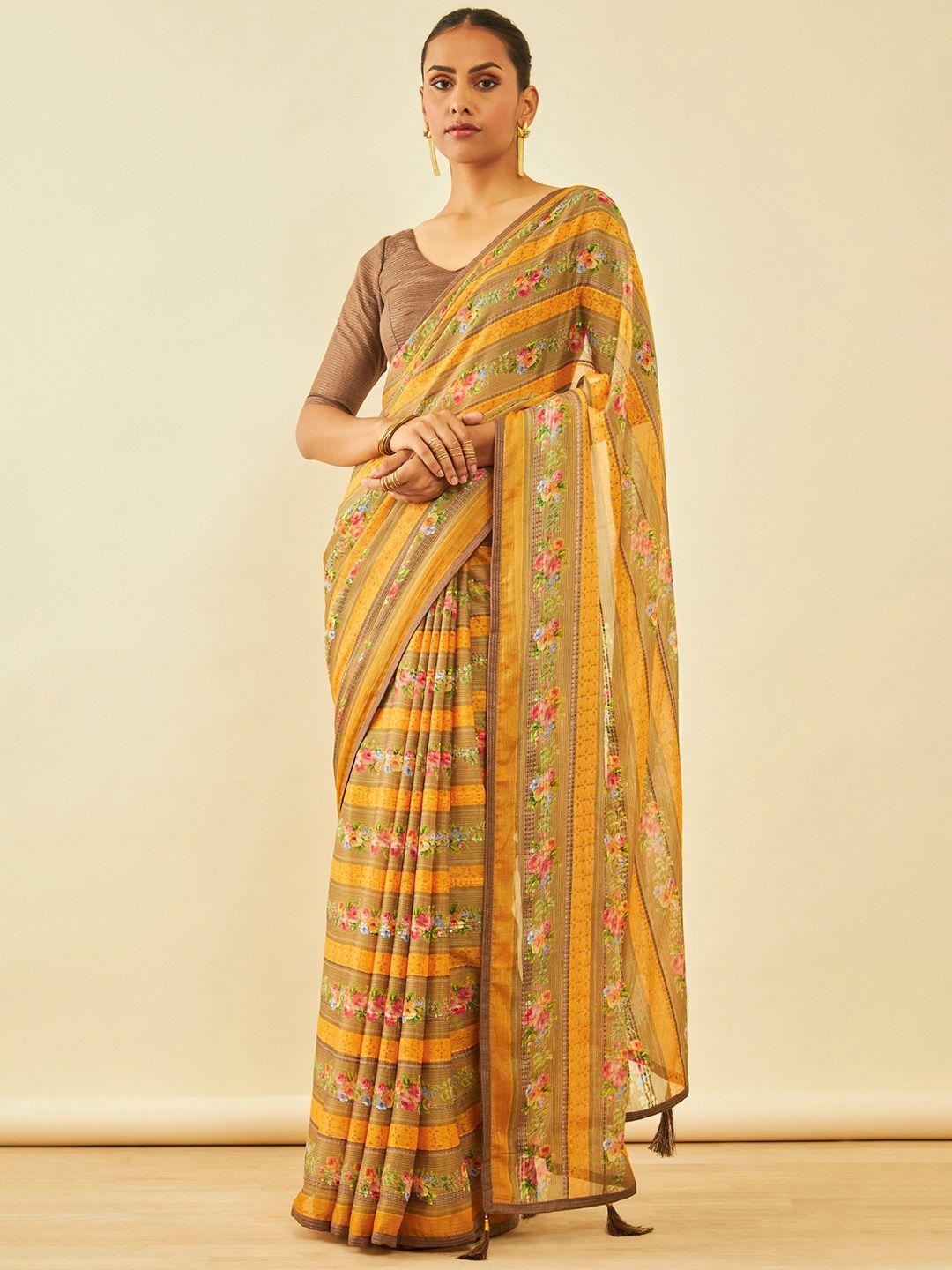 soch mustard & green floral poly chiffon saree