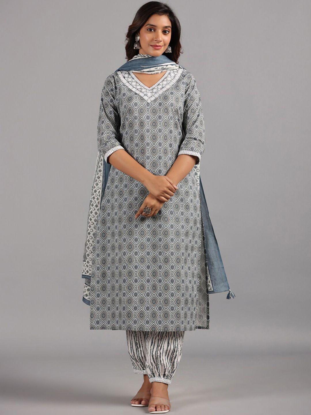 amchoor ethnic motifs printed sequinned regular kurta with salwar & dupatta