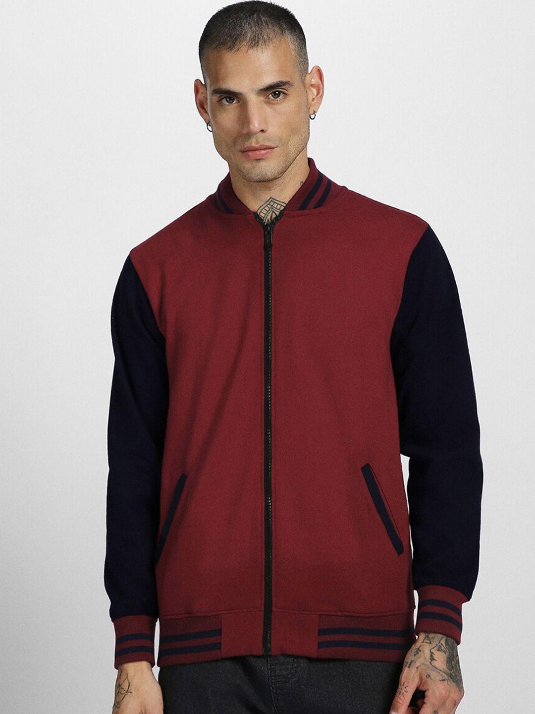 veirdo blue & maroon graphic printed stand collar fleece bomber jacket