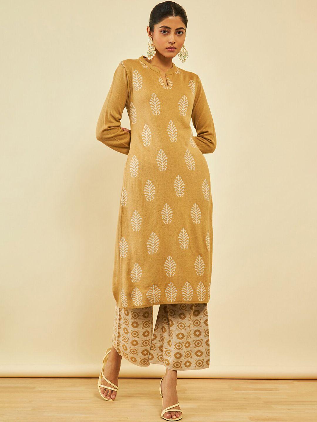 soch ethnic motifs printed mandarin collar straight acrylic kurta with palazzos