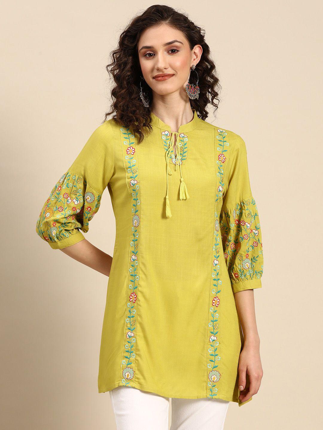 kalini green floral embroidered thread work kurti