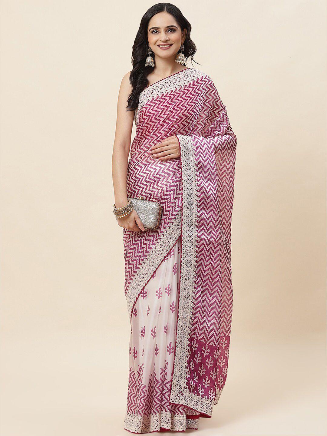 meena bazaar geometric printed embroidered satin saree