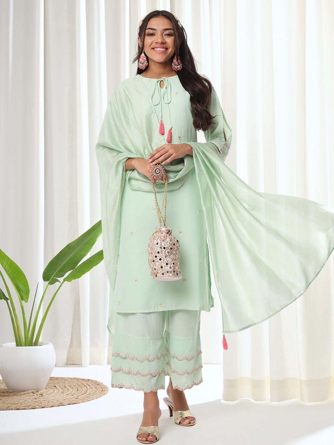 heeposh floral embroidered tie-up neck kurta with palazzos & dupatta