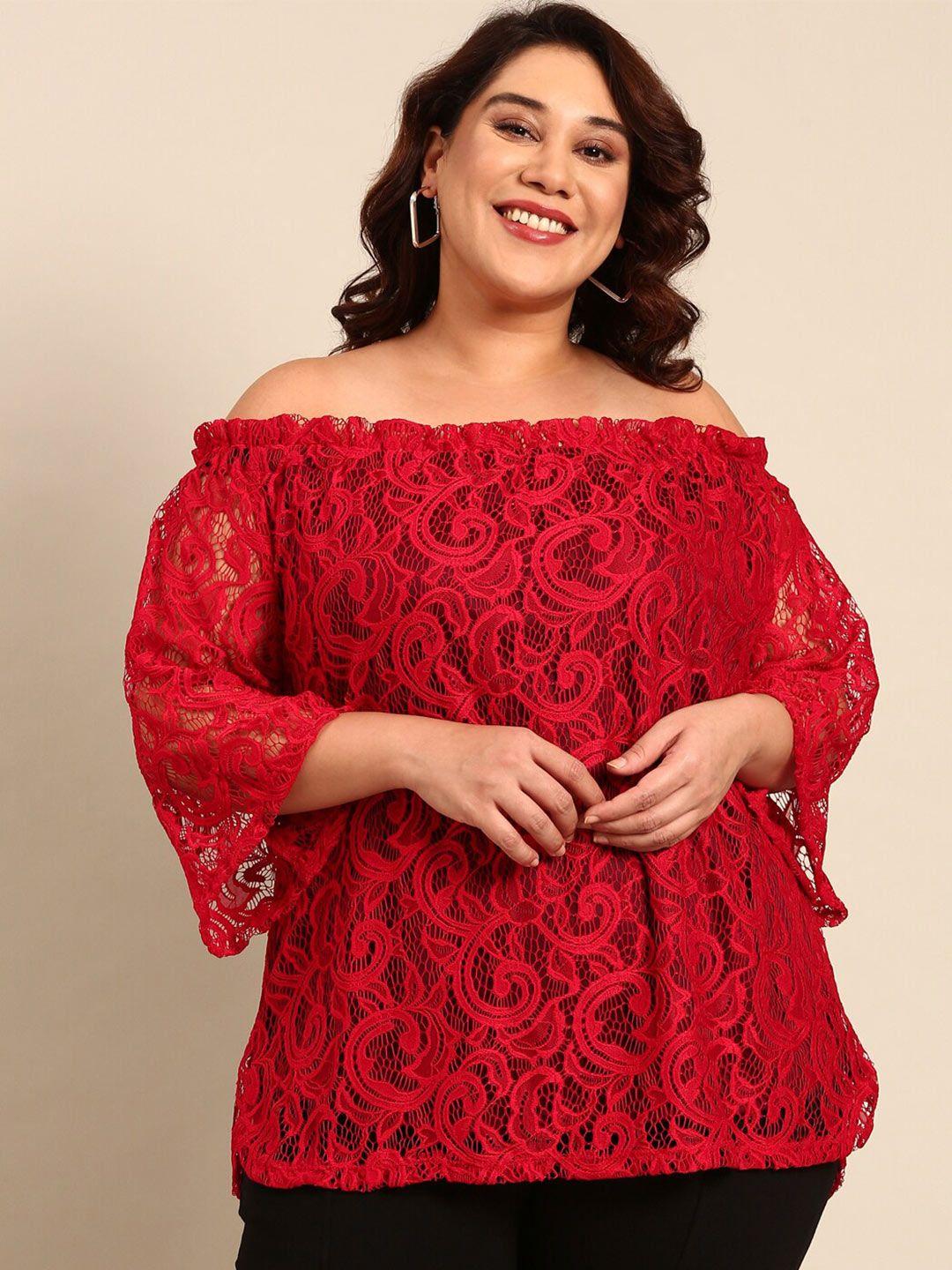 the pink moon plus size floral print off-shoulder lace bardot top