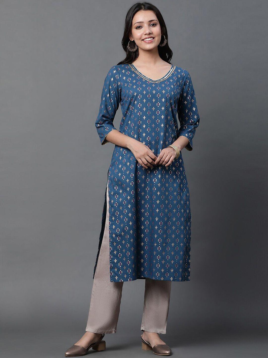 aurelia ethnic motifs printed v-neck sequinned pure cotton kurta