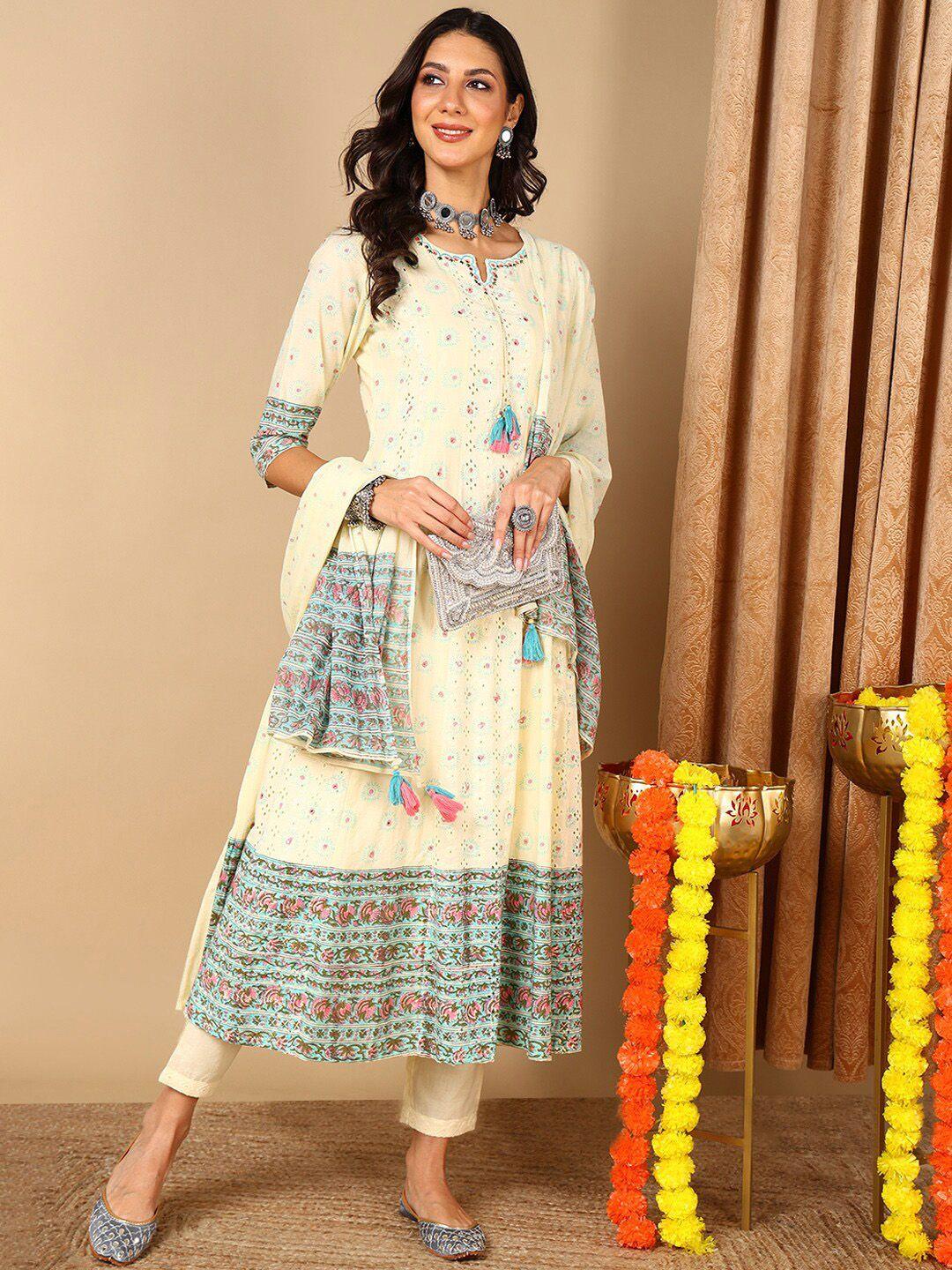 ahika yellow ethnic motifs printed pure cotton anarkali kurta & trousers with dupatta