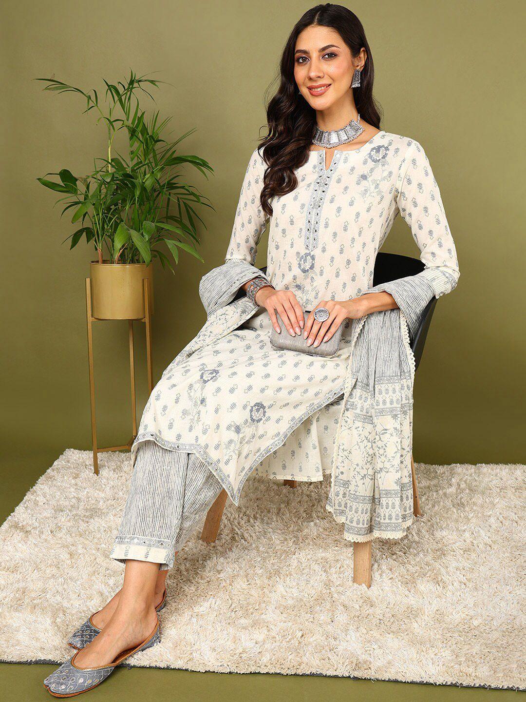 ahika off white ethnic motifs printed pure cotton straight kurta & trousers with dupatta