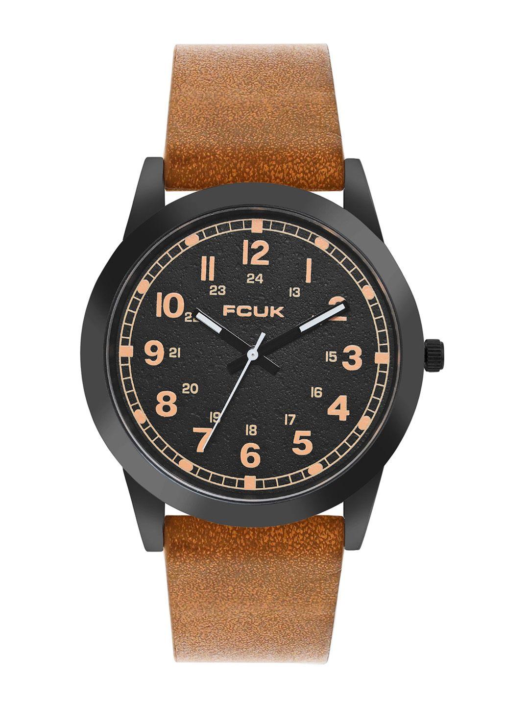 fcuk men round dial & leather straps analogue watch fk00016a