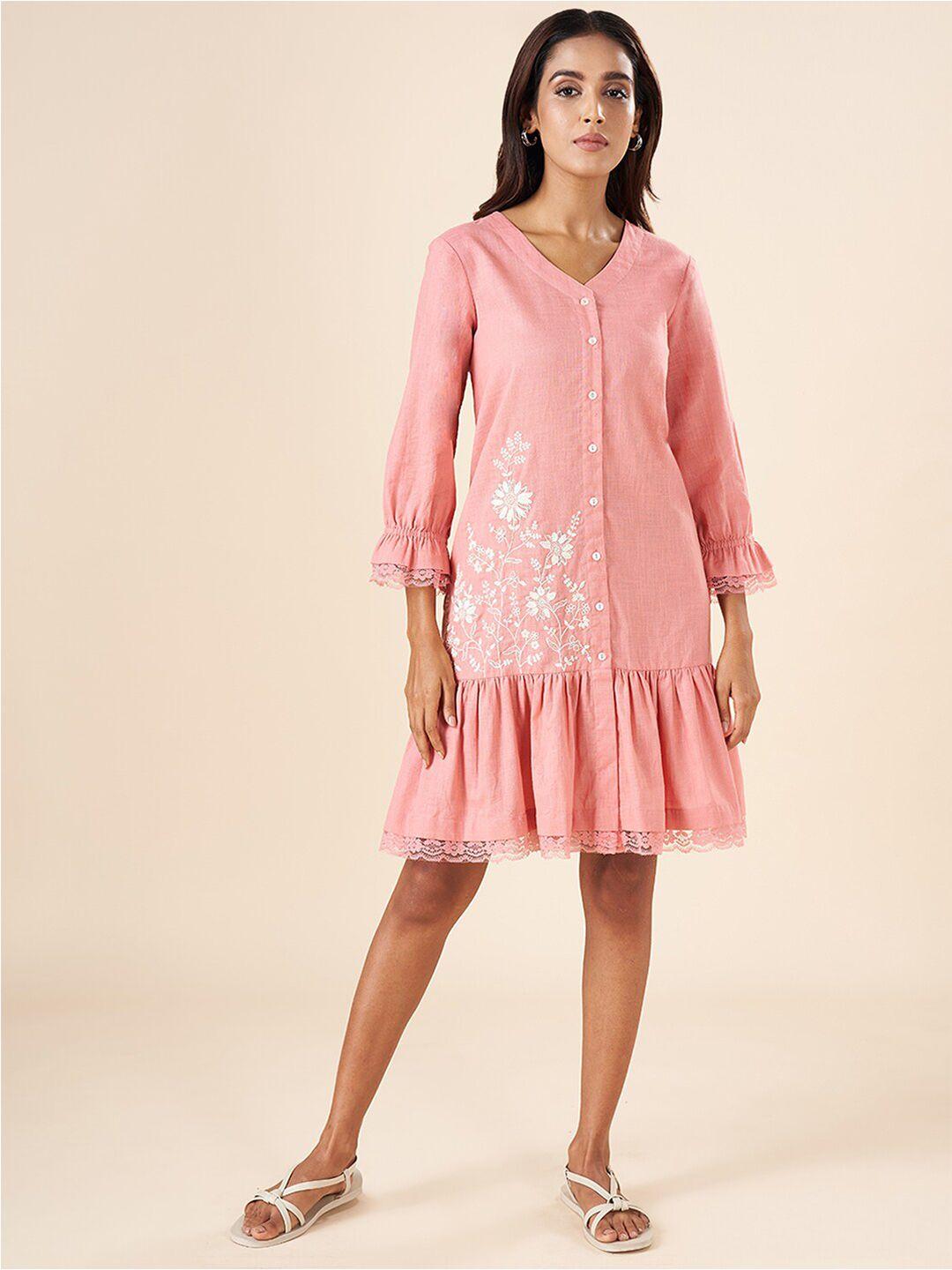 akkriti by pantaloons floral embroidered v-neck gathered detailed cotton a-line dress