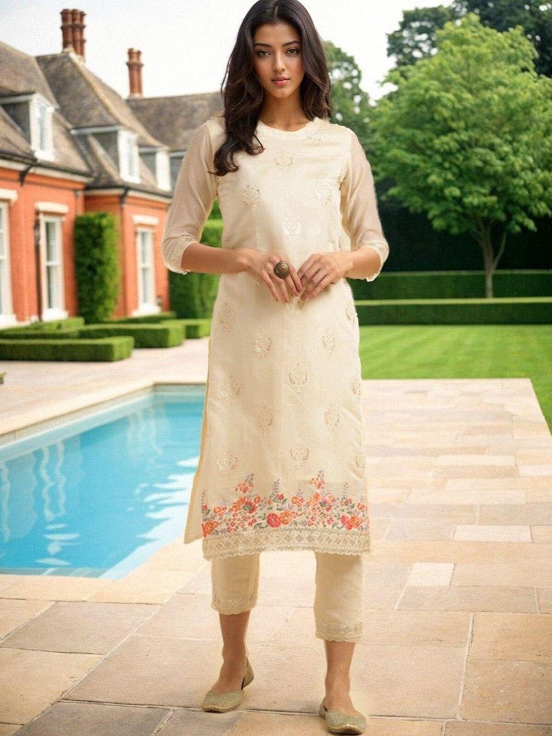 rangita floral embroidered regular thread work chanderi cotton kurta with trousers