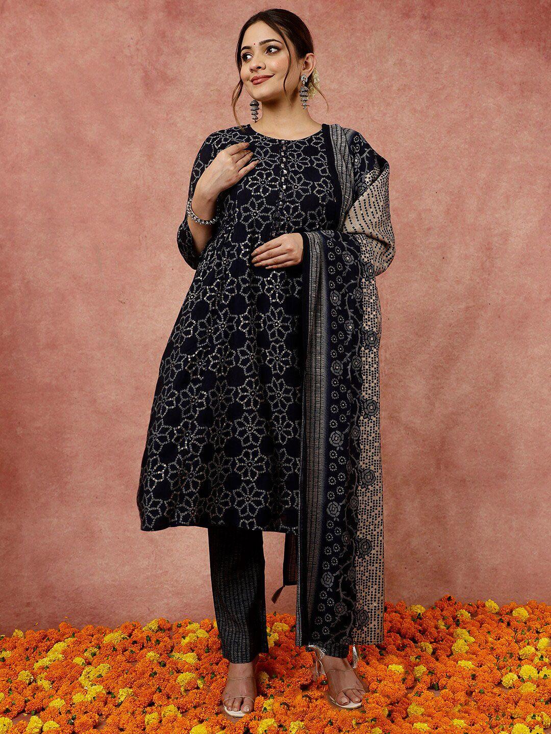 jaipur kurti bandhani printed anarkali kurta with trousers & dupatta