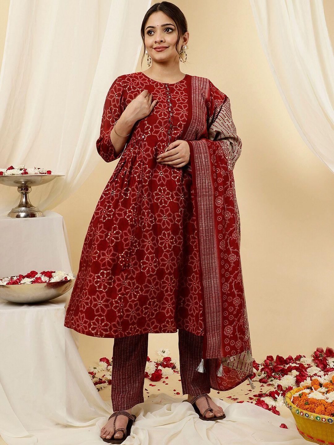 jaipur kurti bandhani printed anarkali kurta with trousers & dupatta