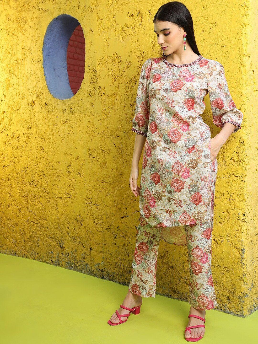 jaipur kurti floral printed straight mirror work kurta with trousers