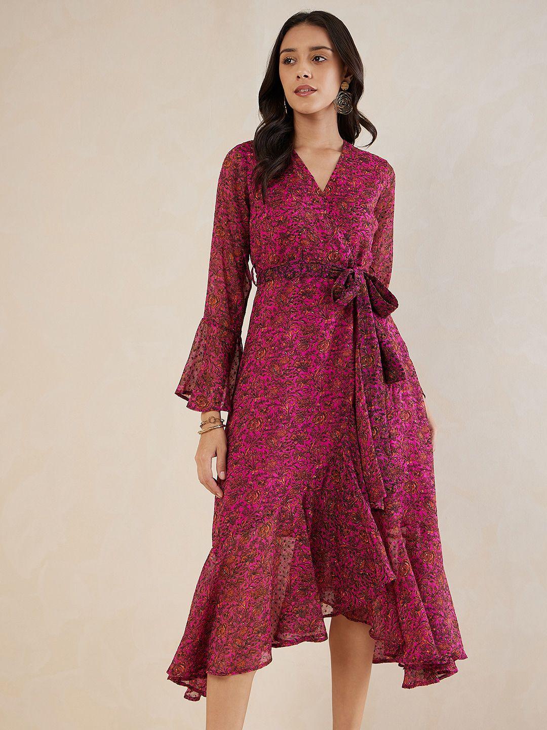 femella floral printed bell sleeves chiffon wrap midi dress