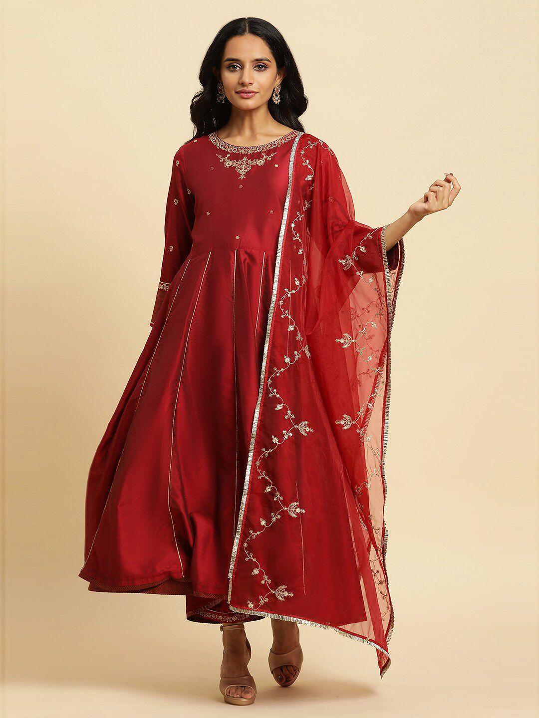 w floral yoke design anarkali kurta with trousers & dupatta