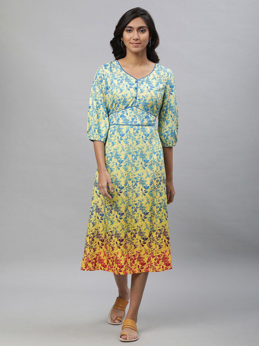 aurelia floral printed v-neck puff sleeves a-line midi dress