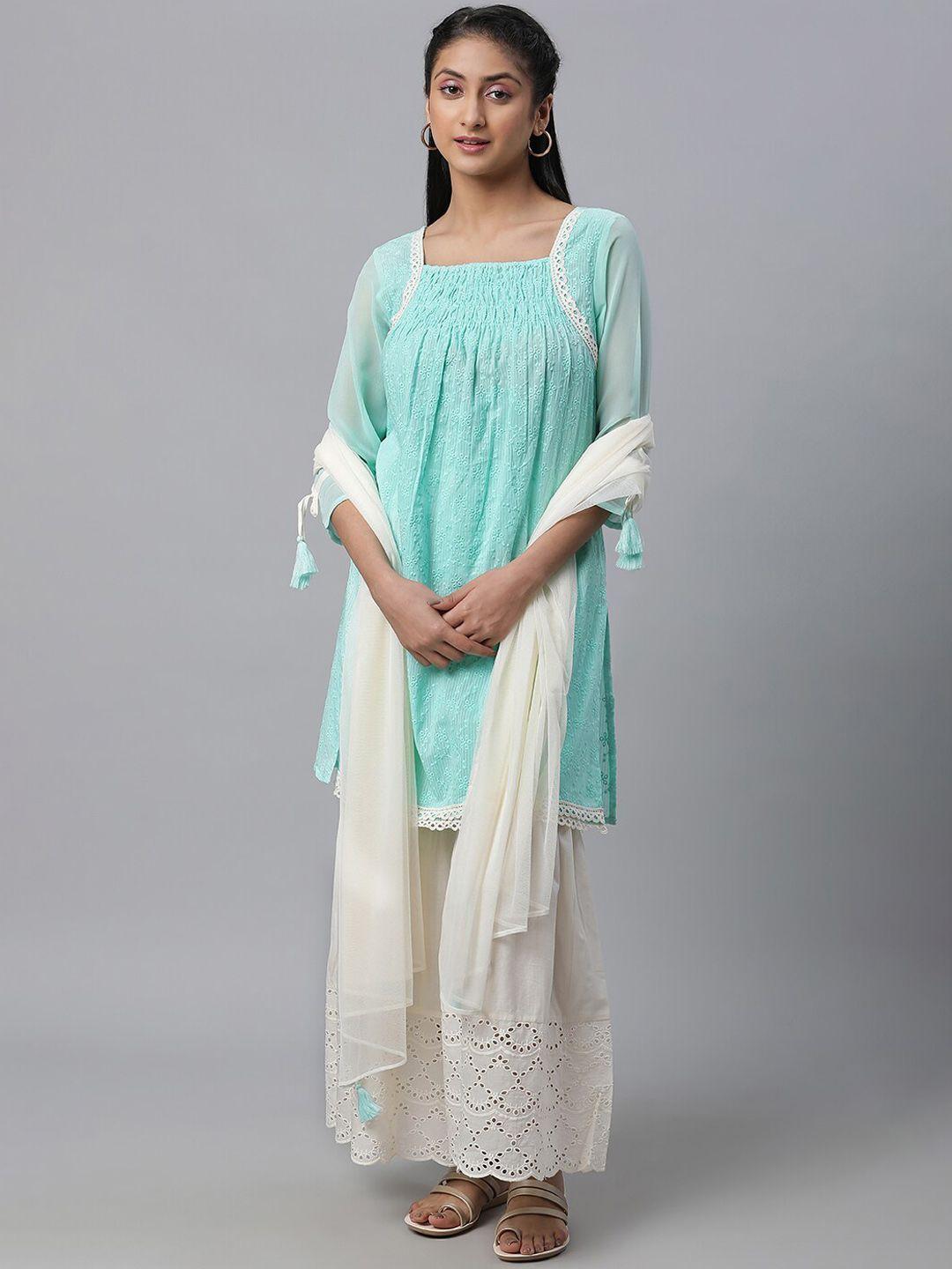 aurelia floral embroidered regular thread work pure cotton kurta with sharara & dupatta