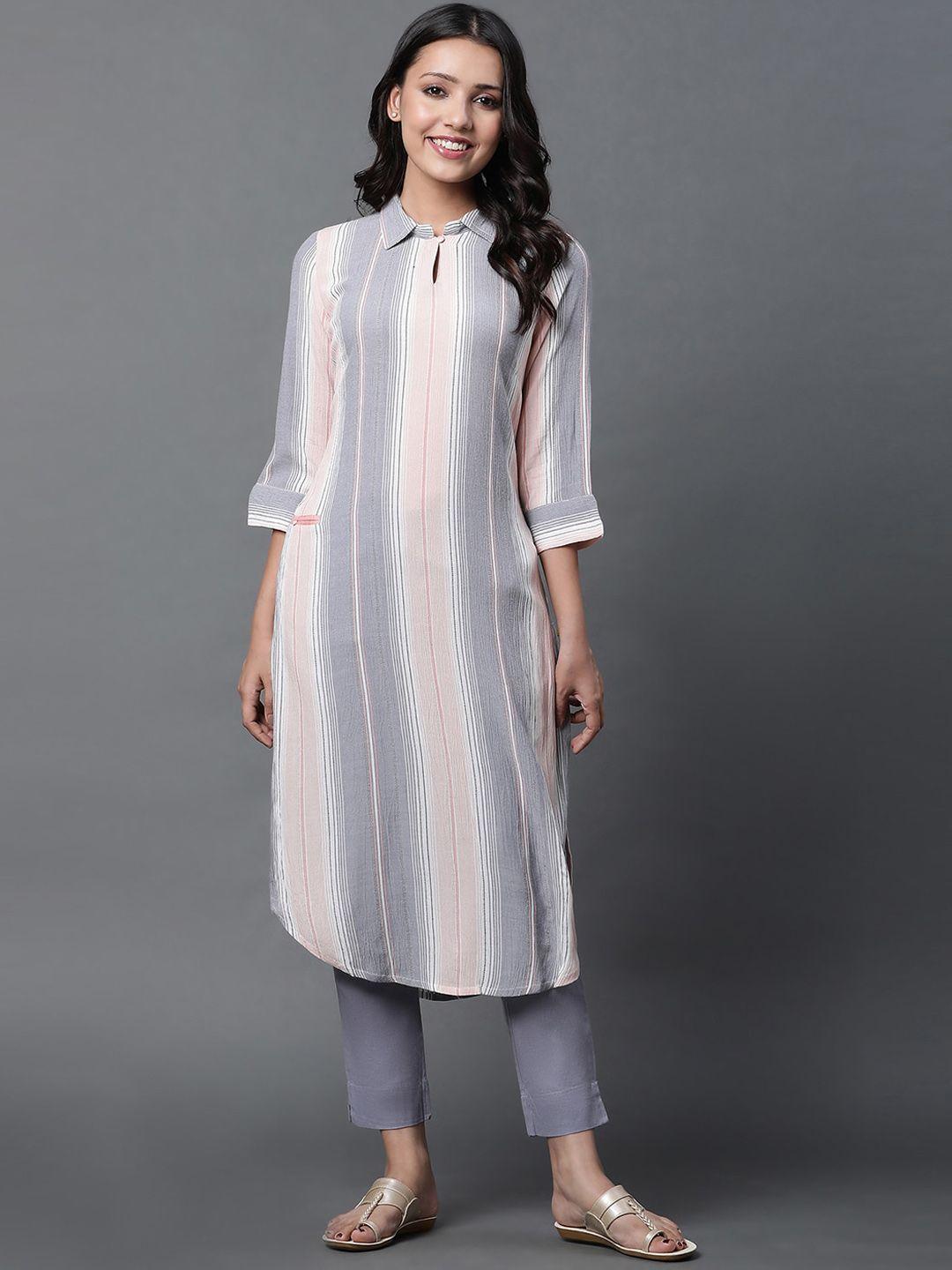 aurelia striped shirt collar straight kurta with trousers