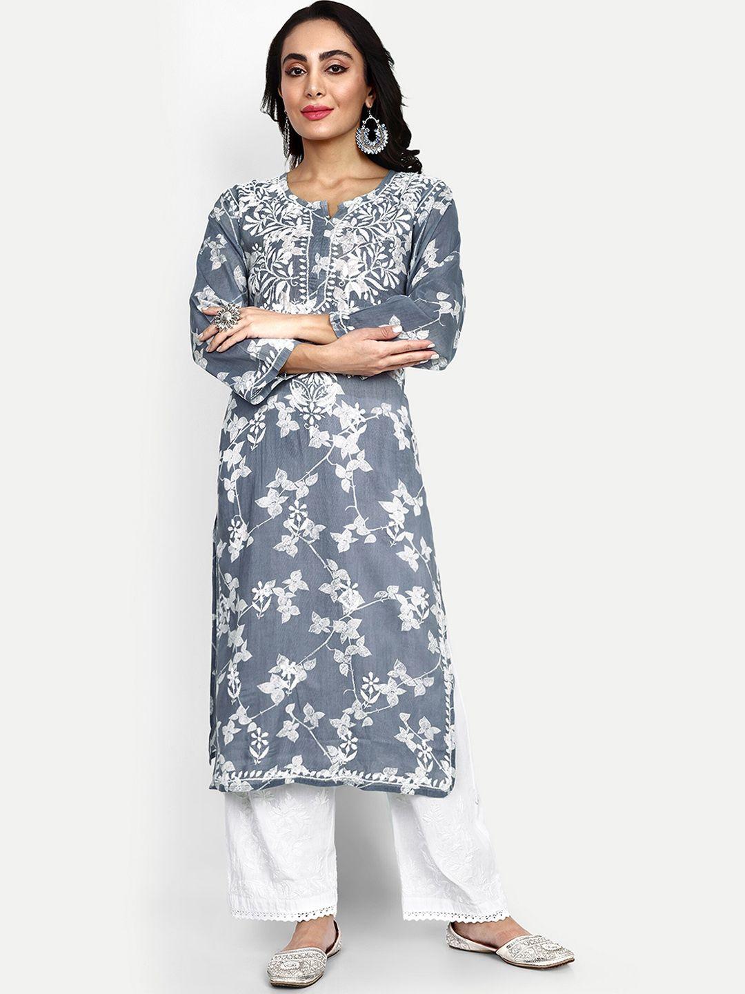 indiankala4u floral printed chikankari regular cotton kurta