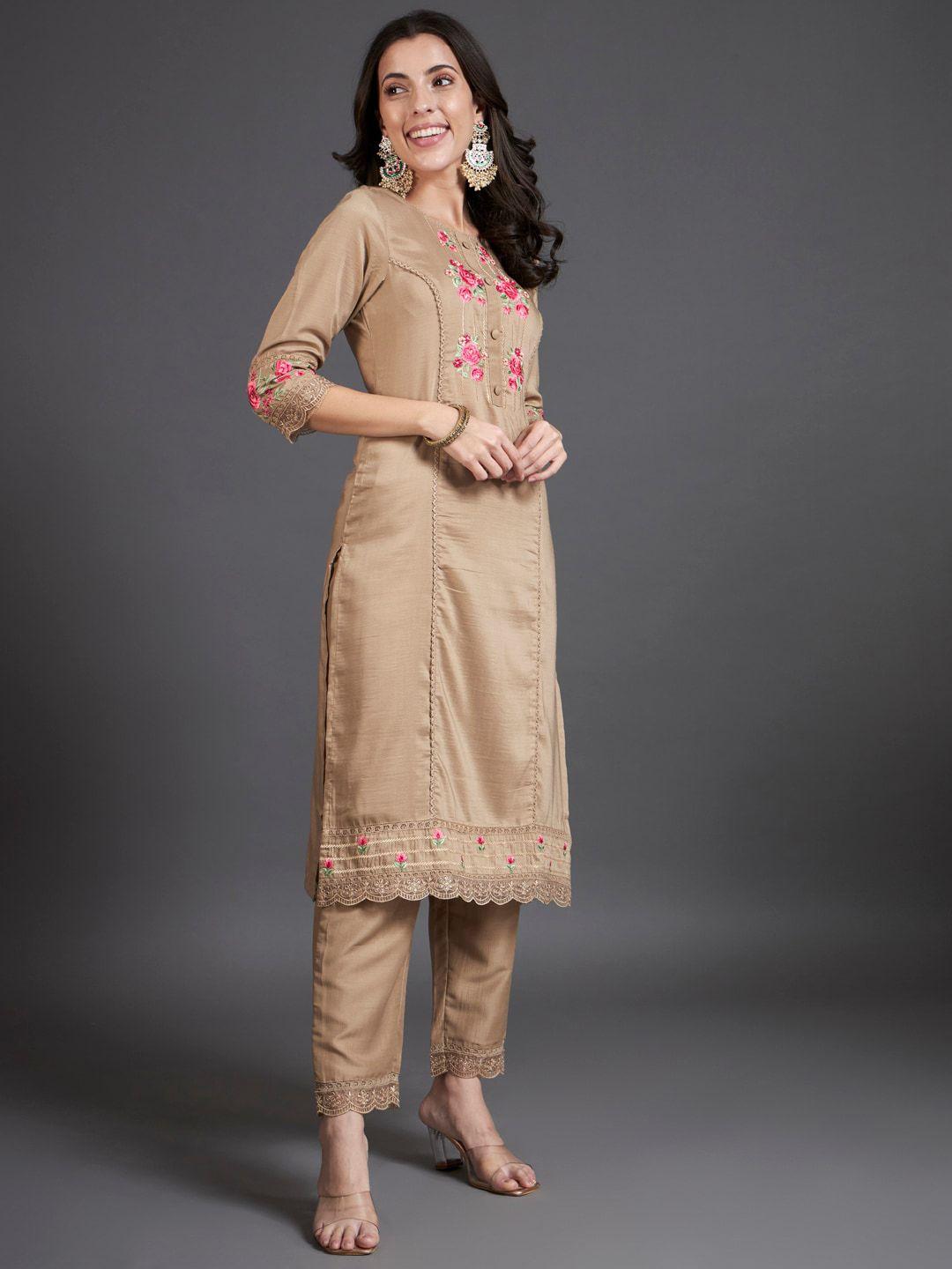 heeposh floral embroidered organza straight kurta & trousers with dupatta